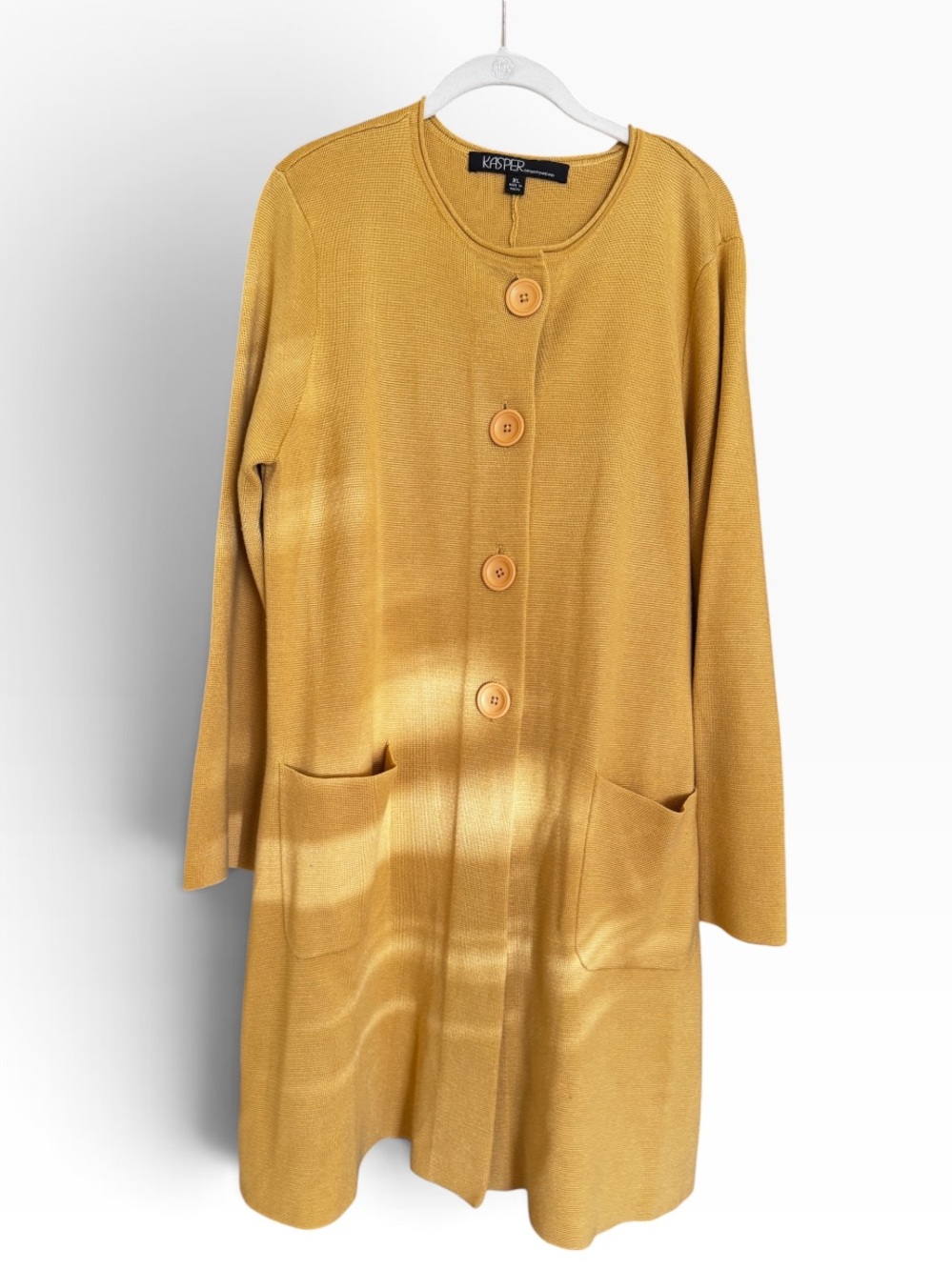 Kasper WoMens Wool Blend Mustard Crewneck Long Button-Front Cardigan Grandmacore